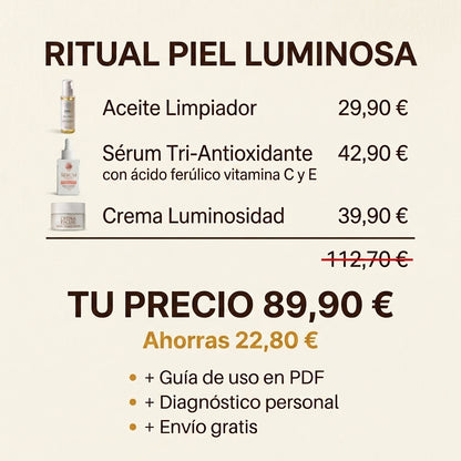 Ritual Piel Luminosa — Aceite Desmaquillante + Sérum Vitamina C + Crema Iluminadora